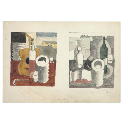 Le Corbusier, Deux études - L'une violon vertical, pile d'assiettes, verre, pipe et maison - L'autre pile d'assiettes, pipe et maison, 1920 © FLC / ADAGP