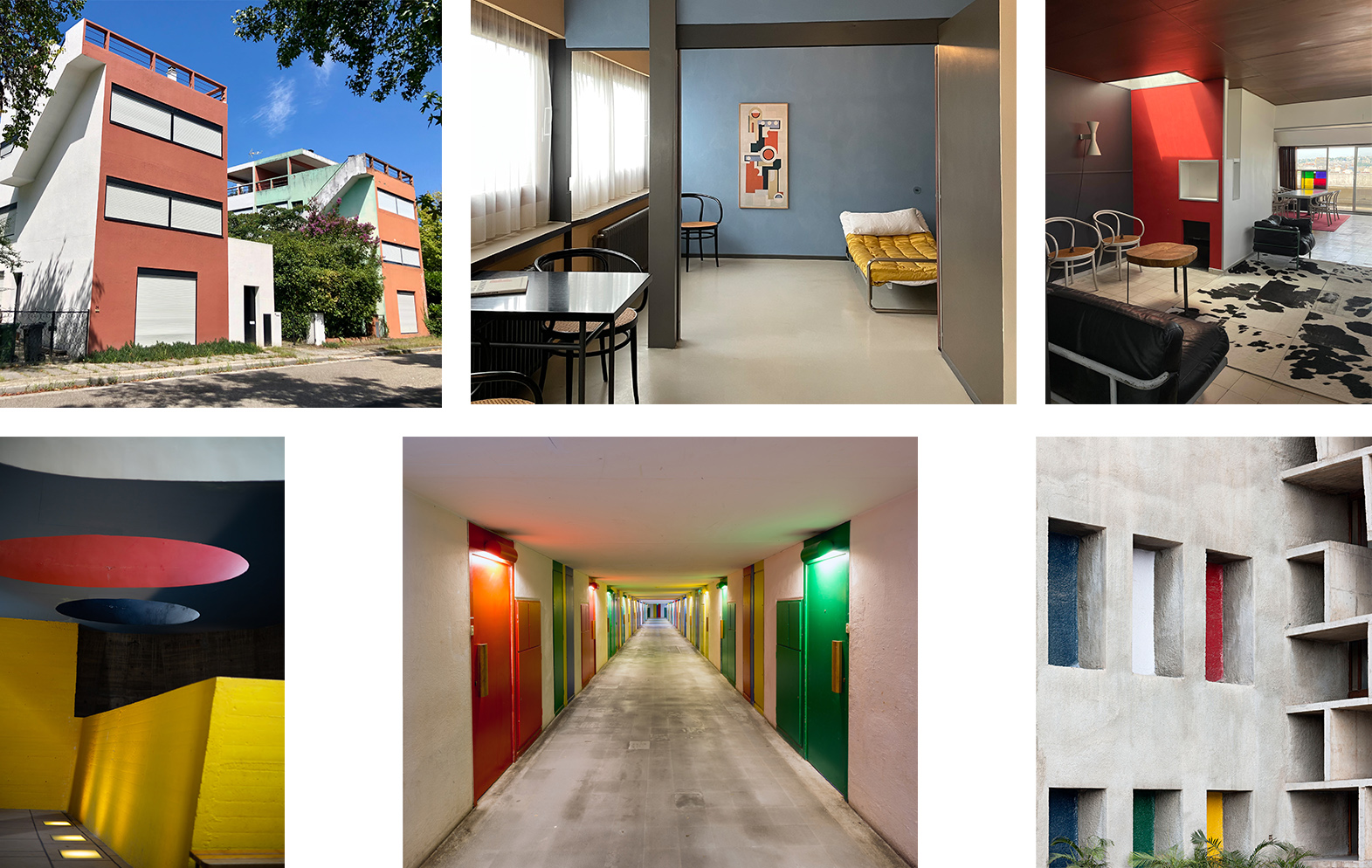 Les bâtiments de Corbu sont polychromes. La polychromie architecturale chez Le Corbusier se manifeste notamment à la Cité Frugès de Pessac, aux maisons de la Weissenhof-Siedlung à Stutgartt, à l'appartment-atelier de Le Corbusier, au couvent de la Tourette, à l'unité d'habitation de Briey ou à Chandigarh.
