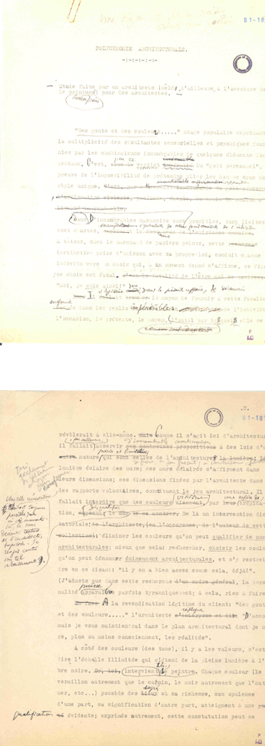 Documents d'archive de la Fondation Le Corbusier qui présentent la maquette du texte La polychromie architecturale de Corbu.