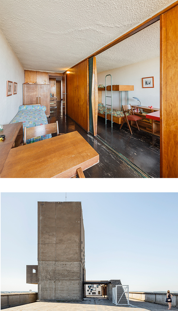 Unité d'habitation de Rezé dite Maison Radieuse de Rezé, intérieur d'un appartement (chambre d'enfant) et toit-terrasse © FLC / ADAGP / Alejandro Gómez Vives