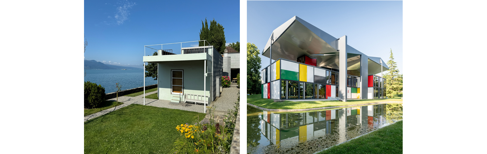 La Villa Le Lac Le Corbusier à Corseaux en Suisse, au bord du Lac Léman et le Pavillon ZHLC de Le Corbusier à Zurich, en Suisse, dans le Zurichorn.