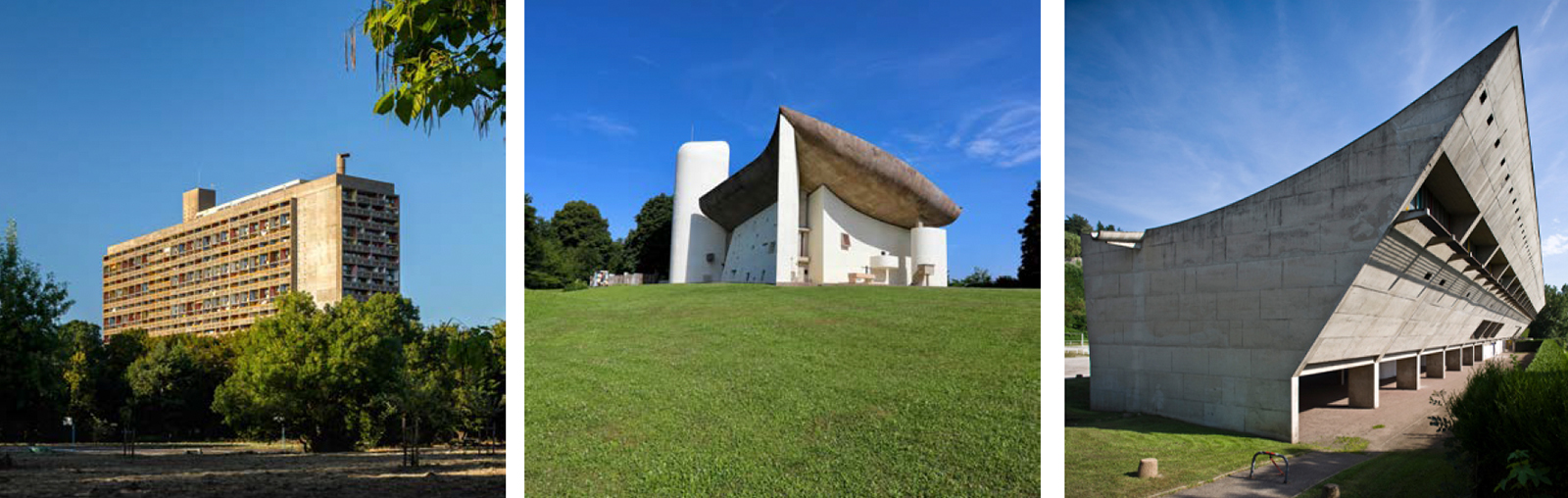L'Unité d'habitation de Rezé par Le Corbusier dite aussi Maison Radieuse de Rezé ; la chapelle Notre-Dame du Haut à Ronchamp de Le Corbusier et le site Le Corbusier de Firminy.