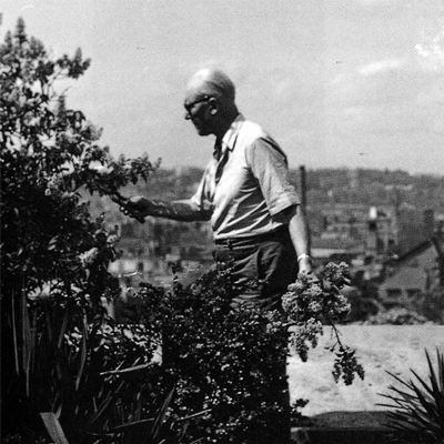 Le Corbusier jardinant sur le toit-terrasse de son appartement-atelier, 24 rue Nungesser et Coli à Paris, en 1952 © FLC / ADAGP / Lucien Hervé